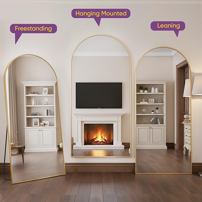 Full Length Mirror, 76"x44" Arched Floor Mirror Freestanding, Floor Standing Full Body Mirror with Stand for Bedroom, Hanging Mounted for Living Room Cloakroom, Gold