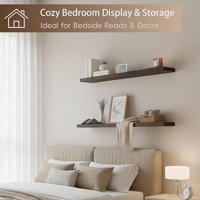 Lufia Floating Wall Shelves, Set of 2, MDF with Invisible Brackets, Modern Storage for Bedroom, Bathroom, Living Room, Kitchen (Rustic Brown, 28" W x 7" D x 1.5" H)