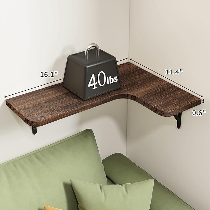 Fixwal Corner Floating Shelves for Wall, Rustic Wood Wall Mounted Shelf for Bathroom, Kitchen, Bedroom, Home Decor, Laundry Room, Living Room, Set of 5 (Dark Carbonized Black)