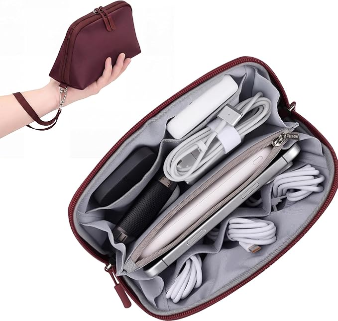 FYY Travel Cable Organizer - 8 Compartments Lightweight Water Resistant Tech Pouch with Wrist Strap, Electronic Accessories Case for Cord Charger Storage for Travel Home Office, Wine Red (Small)