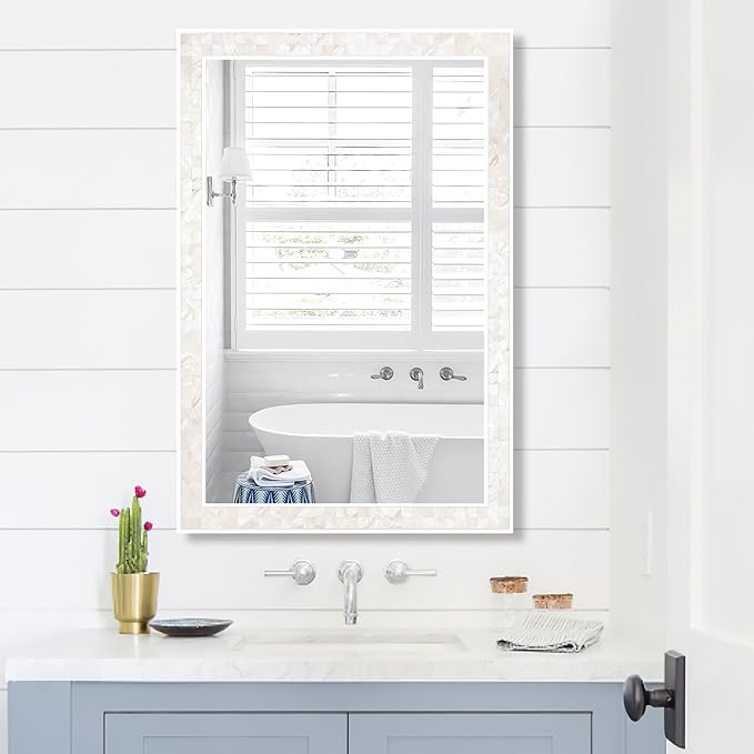 Tanmicoshomy White Shell Framed Rectangular Wall Mirrors for Bathroom, 24x36 Inch Mosaic Mirror for Bedroom Living Room or Entryway, Wall Mounted Horizontal or Vertical Hanging