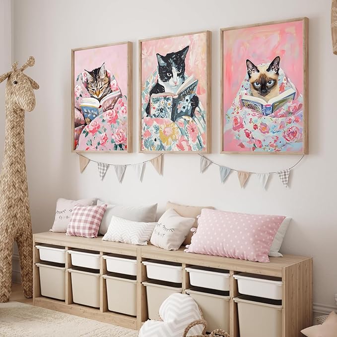 Cute Cat Reading Poster Set of 6 Funny Black Cat Book Lover Canvas Wall Art, Whimsical Animal Wall Decor Painting Prints Aesthetic for Nursery Kids Boby Room Bedroom Unframed 12x16 inch