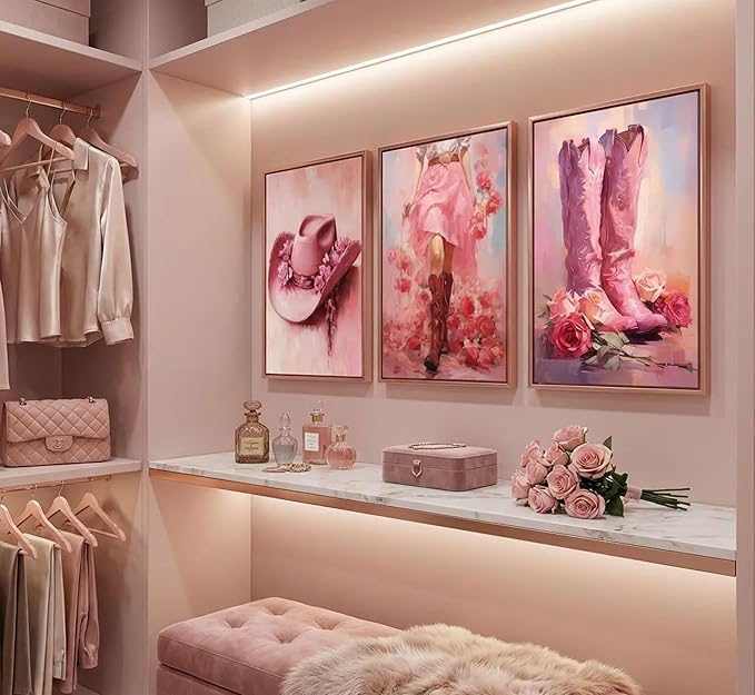 3Pcs Pink Cowgirl Canvas Wall Art Funky Cowgirl Boots Posters Prints Paintings Western Flower Boots Hat Aesthetic Pictures Wall Decor for Preppy Room Bedroom Apartment Decoration Unframed