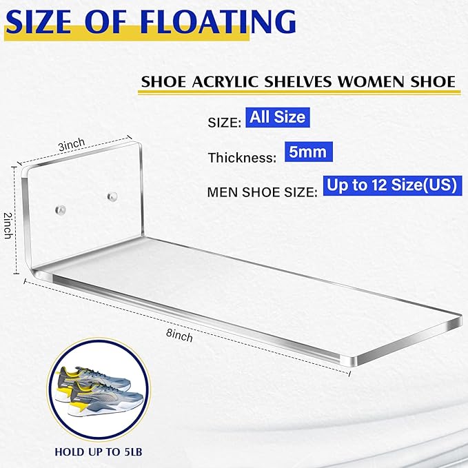 Treela 30 Pack Floating Shoe Display Shelf for Closet Acrylic Clear Shoe Wall Shelf Wall Mounted Easy to Install Sneaker Shelves for Collections, Includes Cross Screws, Expansion Tubes (Rectangular)