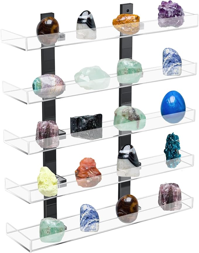 Novabright 5 Layer Rock Display Shelves Clear Acrylic Floating Shelves Wall Organizer for Stone Collection 11.8" Rock Display Stand for Stone Minerals Gemstones Crafts Figure Perfume for Living Room