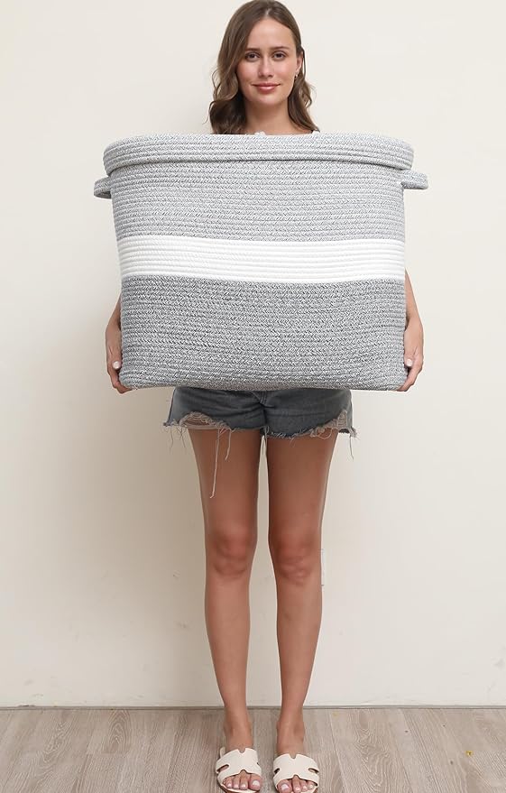 22"x14"x18" Rectangular Extra Large Storage Basket With Lid, Large Cotton Rope Storage Basket, Woven Laundry Hamper, Cloth Storage Bin, for Clothes Towels Blankets in Living Room, Dual Grey