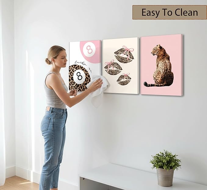 3Pcs Pink Trendy Leopard Print Canvas Wall Art,Fashion Cheetah Poster,Lucky 8-Ball Lip Bow Picture,Preppy Y2K Artwork Wall Decor for Bedroom Dorm Apartment.12x16in Framed