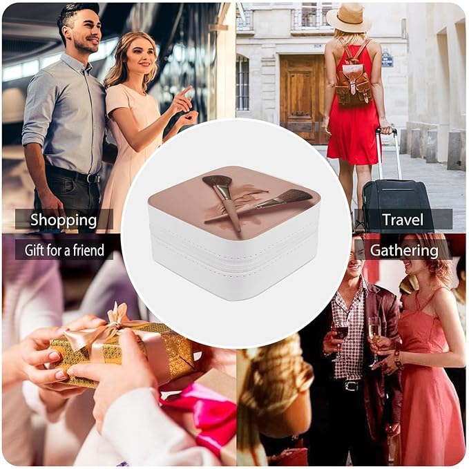 Two Makeup Brushes Jewelry Box Portable Mini Travel Case Display Storage Holder Boxes PU Leather Small Jewelry Organizer for Women for Stud Earrings Rings Necklaces Bracelets