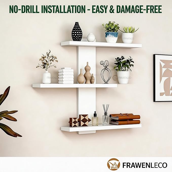 No Drilling 3 Tier Wall Shelf Unit, Versatile Lack Wall Shelf, Wall Hanging Storage Shelves for Kitchen Living Room Bedroom Dorm, Decorative Vertical Shelving Unit, White