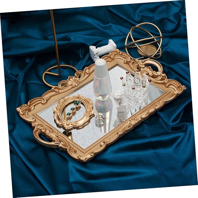 Golden Retro Mirror Tray Decorative Makeup Organizer Vanity Photo Prop European Style Rectangular Plastic Storage Plate for Perfume and Jewelry Display