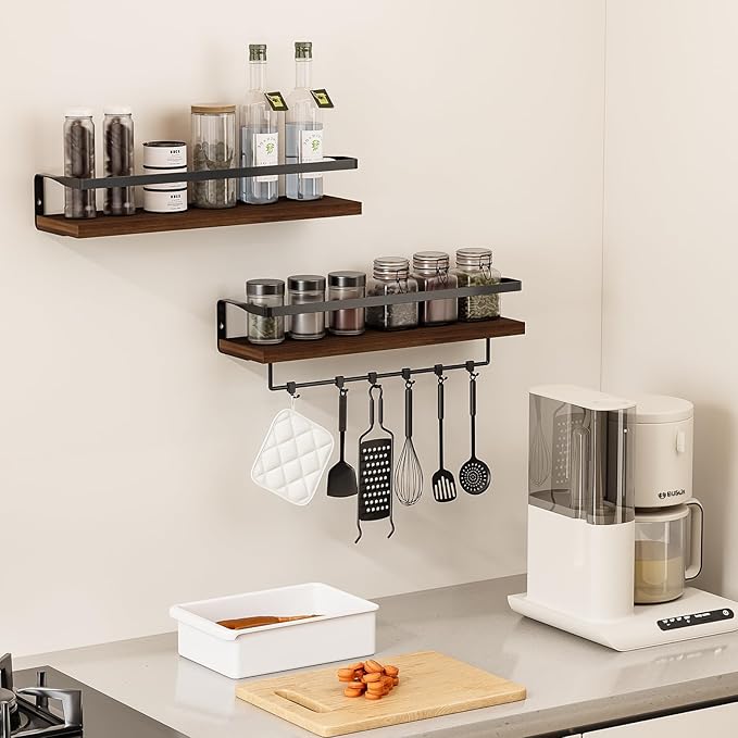 Bathroom Shelves with Towel Bar,Floating Shelves for Bathroom, Kitchen, Bedroom, Paulownia Wood, Matte Black Metal Frame - Set of 2 (Rustic Brown)
