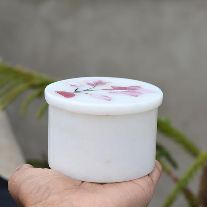 Marble Round Small Jewelry Box 2.5 Inch – Hand Carved Floral Design with Mother of Pearl Inlay – Alabaster Trinket Box, Makeup Organizer & Jewelry Holder – Decorative Gift for Women