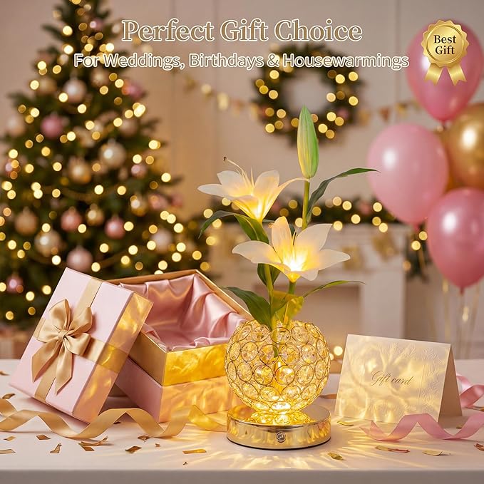 Stargazer Lily Flowers Table Lamp, Rechargeable Cordless Touch Crystal Lamp with 3 Color Modes, Easter Lily Night Light for Bedroom Kitchen Office Decor, Birthday Mothers Day Gifts for Women Mom