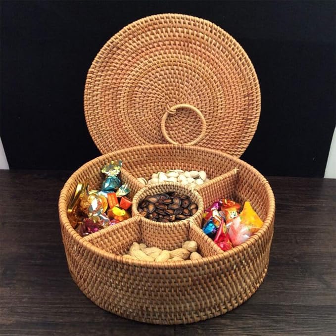 Woven Wicker Round Baskets with Lid Divided Rattan Sundries Box 29cm for Dried Fruit Nuts Bowl Keys Jewelry Makeup Counter Organizer