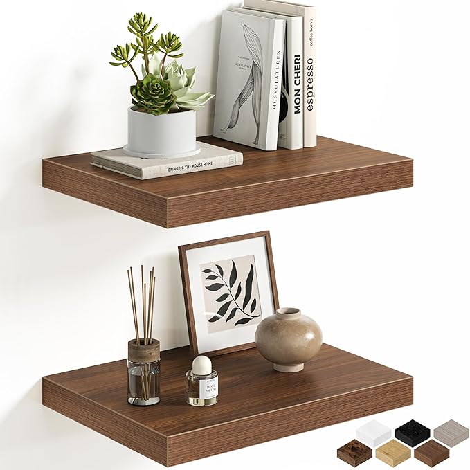 Floating Shelves for Wall, 16'' W x 12'' D Wall Mounted Rustic Wood Shelves for Bathroom, Bedroom, Living Room, Kitchen, Hanging Shelf for Storage/Room Decor with Heavy Duty Brackets, Walnut, 2 Pack