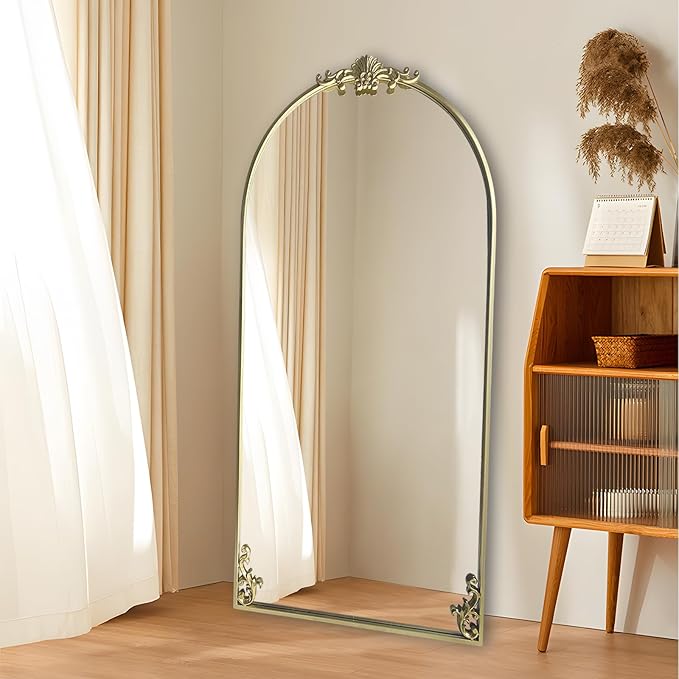 POZINO Gold Arched Mirror, 22"x47" Ornate Carved Mirrors, Vintage Arch Mirror with Metal Frame, Large Elegant Decorative Mirrors for Living Room Mantel Bathroom Bedroom Entryway