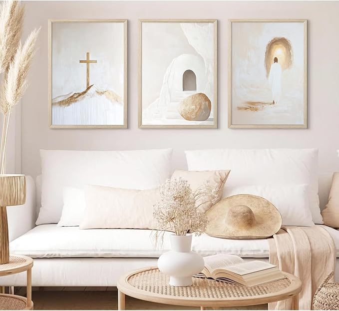 Jesus Christian Wall Art Gold Beige God Canvas Wall Decor He Is Risen Art Religious Christian Poster Modern Minimalist Cross Painting Artwork Jesus Picture Prints for Living Room 12x16x3 Inch Framed