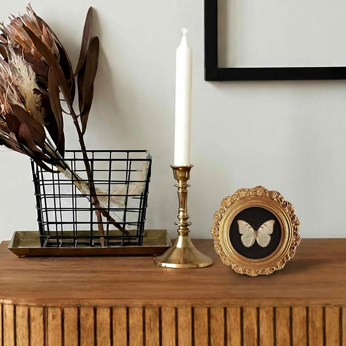 Small Vintage White Butterfly Round Picture Frame Wall Decor, Dark Insect Gold Mini Ornate Photo Frame for TableTop Desk 2.7in Photo, Gothic Framed Artwork for Walls Office Bedroom Shelf