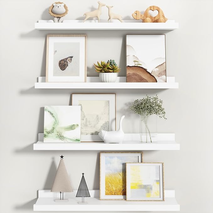 Fun Memories Picture Ledge Shelf, White Floating Shelves Set of 4, 24 Inch Picture Shelves for Wall with Ledge, Large Nursery Book Shelf for Toys Storage, Living Room, Bedroom Decor Frames