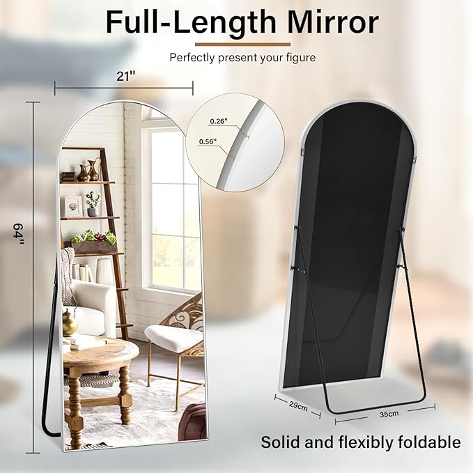 Arched Full Length Mirror 64"x21", Floor Standing Body Mirror with Aluminum Frame,Leaning Hanging for Bedroom Cloakroom Living Room Silver