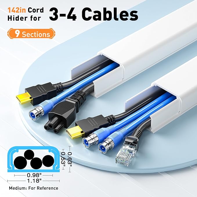 Delamu Cord Hider, 142in Cable Hider, Cord Covers for 3-4 Wires on Wall, Wire Covers for Cords, Wire Hiders for TV on Wall, Easier Setup Cable Cover Cable Management, W1.18 H0.63in, White