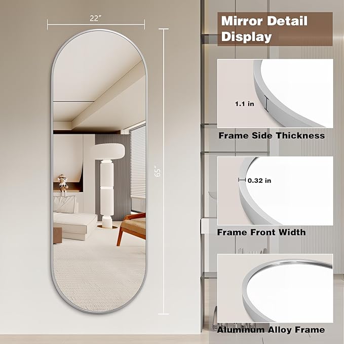 Niccy 65"×22" Oval Full Length Mirrors, Long Wall-Mounted Mirror with Aluminum Frame, Large Body Mirrors for Living Room, Explosion-Proof Hanging Wall Mirror for Bathroom Bedroom Entryway, Silver
