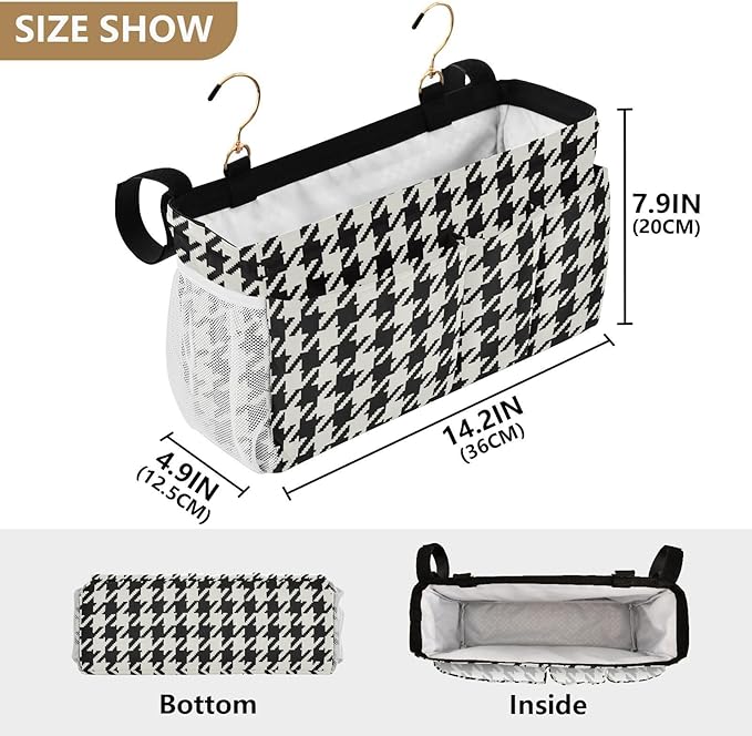 Classic Houndstooth Print Bedside Caddy Storage Bag Bedside Organizer for Bunk Bed Headboards College Organizer Caddy Hanging Shelf 6 Pockets with Hooks for Drinks Magazine Phone Holder