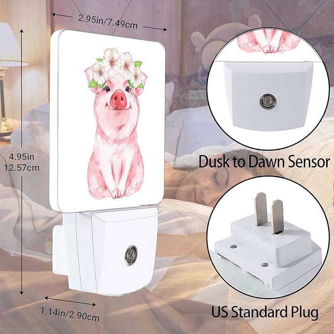 Pink Cute Pig Dusk to Dawn Night Light, Auto Sensor Lamp Home Indoor Stairway Kitchen Corridor, Night Lights Plug into Wall Decor, Boys Girls Women Men Room Gifts