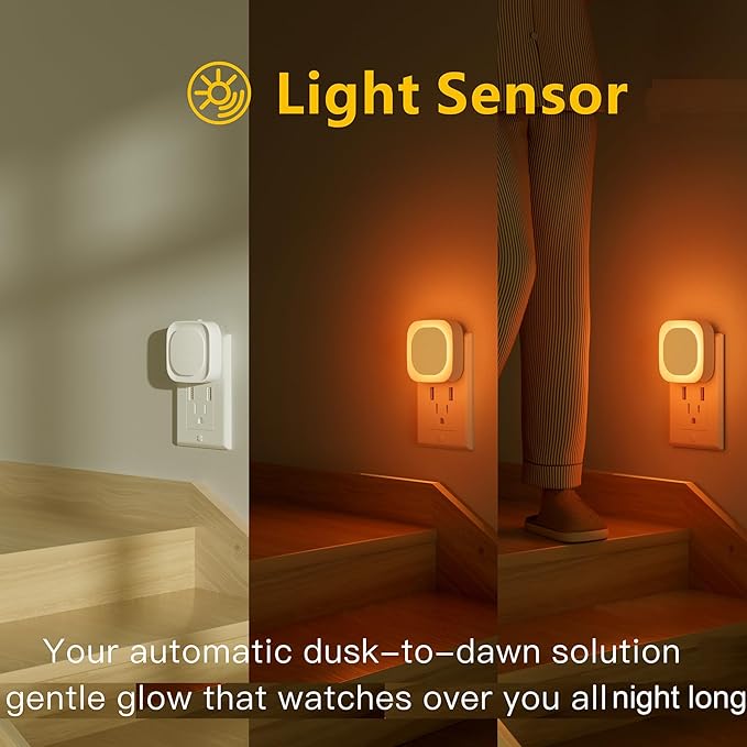 YUNLEX 2 Pack Amber Night Light, Dusk to Dawn Sensor, Warm Glare-Free Reflected Glow, 3-Level Dimmer, Auto On/Off, Plug-in LED Nightlight for Bedroom, Kids, Bathroom, Sleep, Baby Nursery, Toddler