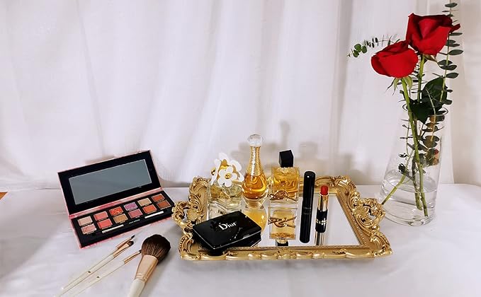 Shell Rectangle Decorative Mirror Tray, French Style, Makeup Organizer, Jewelry Organizer, Serving Tray, 9.3"x 14.9", Gold