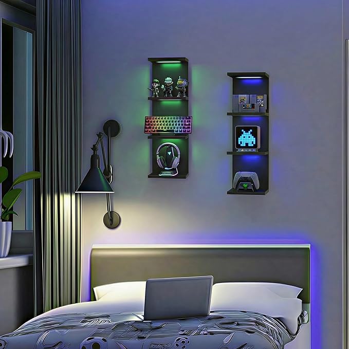 4 Tier RGB Wall Shelf-Gaming Shelf with Remote Control, Lack Shelves with Light for Bedroom | Easy to Install Cosmetic & Display Modern Shelf, Black