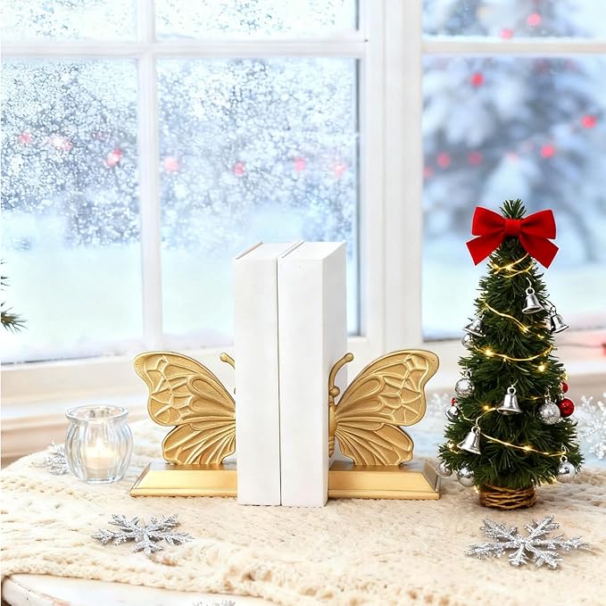 Kathfly Decorative Butterfly Bookends, Vintage Butterfly Book Ends, Resin Gold Bookends for Shelves, Heavy Duty Book Stopper for Desk Home Office, Shelf Decoration