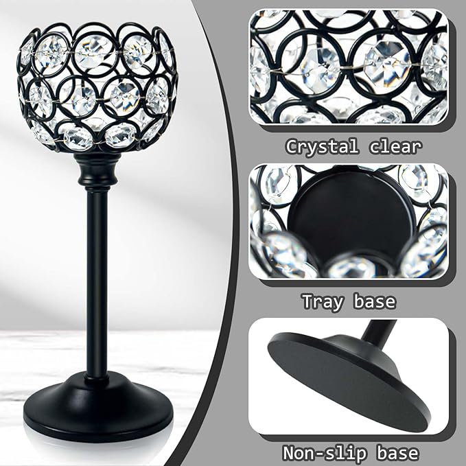 Set of 3 Balck Crystal Metal Tealight Candlestick, Bling Bowl Candelabras, Tall Votive Candle Holders Elegant Candle Centerpiece for Dining Table Wedding Decor
