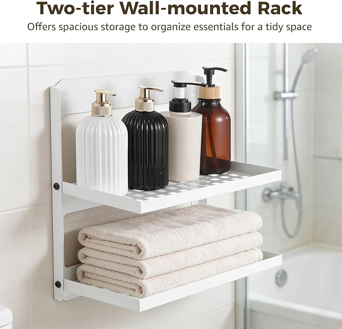 OMISTAR 2-Tier Folding Metal Wall Shelf, Foldable Wall-Mounted Rack, Space-Saving Double-Layer Shelf, Black Iron Floating Shelf for Kitchen, Bathroom, Laundry, Easy Installation with Screws (White)