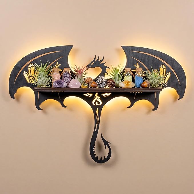 Gothic Evil Dragon Decor with LED Light Crystal Display Shelf for Wall, Wooden Witchy Shelf Rock Display Case Knick Knack Organizer Trinket Holder, Wall Hanging Shelves for Essential Oil & Nail Polish
