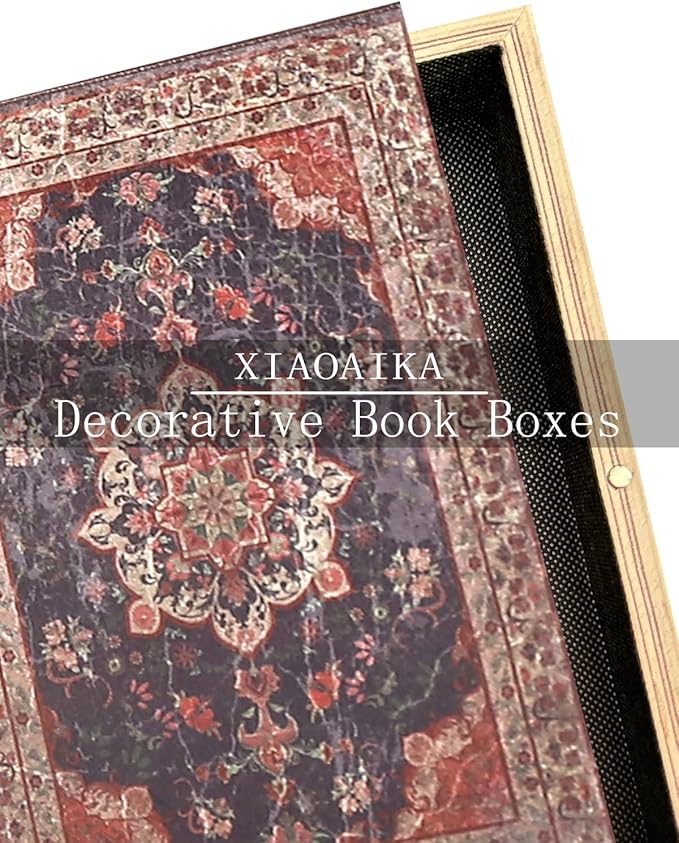 Wooden Book Box Set of 3 with Magnetic Closure and Vintage Persian Rug Pattern Leather Cover Design, Non-Woven Fabric Interior, Decorative Secret Storage for Bookshelves and Home Office