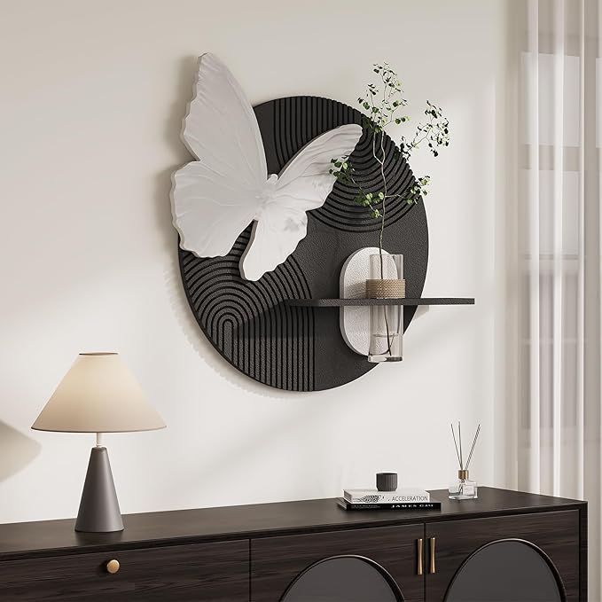 3D Black and White Butterfly Wall Art Decor for Living Room, Modern Minimalist Textured Artwork for Walls with Vase, Geometric Round Sandstone Wall Decor for Dining Room Hallway Bedroom Office