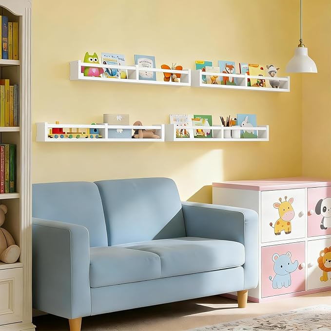 Fixwal Nursery Book Shelves, 32 Inch Floating Bookshelves for Wall Set of 4, Baby Nursery & Playroom Decor, Solid Wood Wall Mounted Shelves for Books and Toys Storage (White)