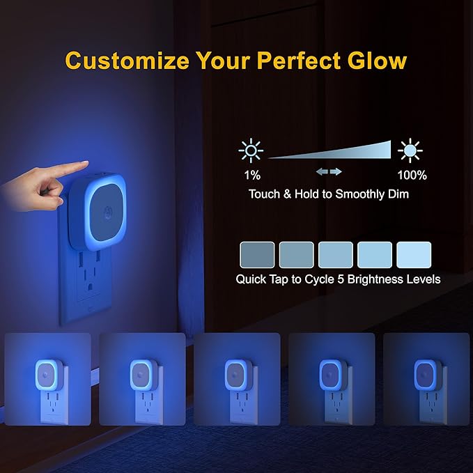 YUNLEX 2 Pack Plug in Night Light with Motion Sensor & Dusk to Dawn Sensor, 3 Sensor Modes, Auto ON/Off, Dimmable, Night Lights Plug into Wall for Bathroom, Kitchen, Adults, Indoor, Light Blue