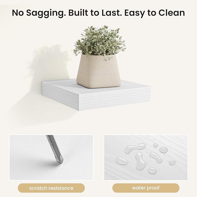 Fun Memories Rustic Floating Wall Shelves, Wall Mounted Wood Storage & Display Shelves for Bathroom, Bedroom, Living Room or Kitchen, (Set of 4, White, 8 in)