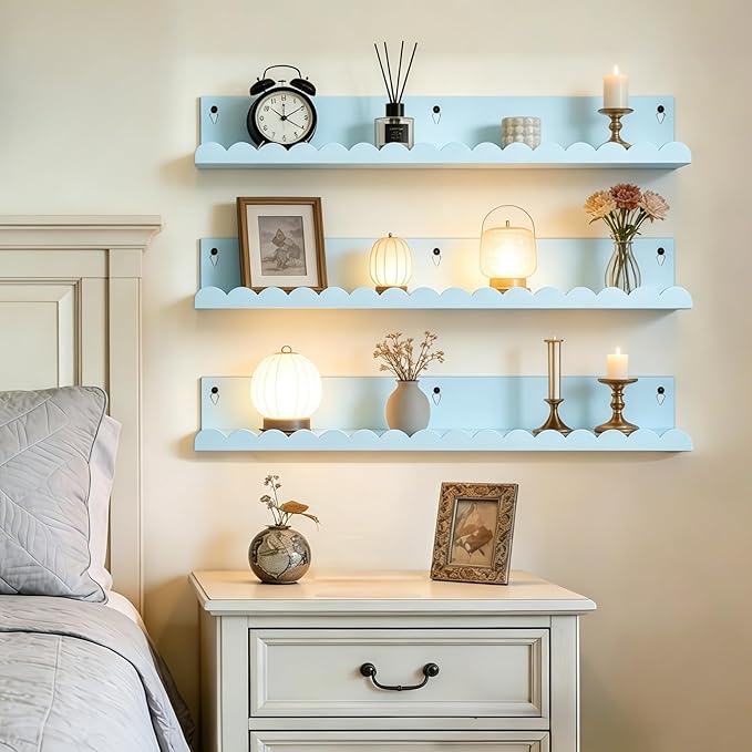 24 Inch Nursery Book Shelves Set of 4, Blue Metal Floating Shelves for Wall, Scalloped Cloud Book Shelf for Kids Room, Bathroom, Bedroom, Playroom Wall Decor & Storage