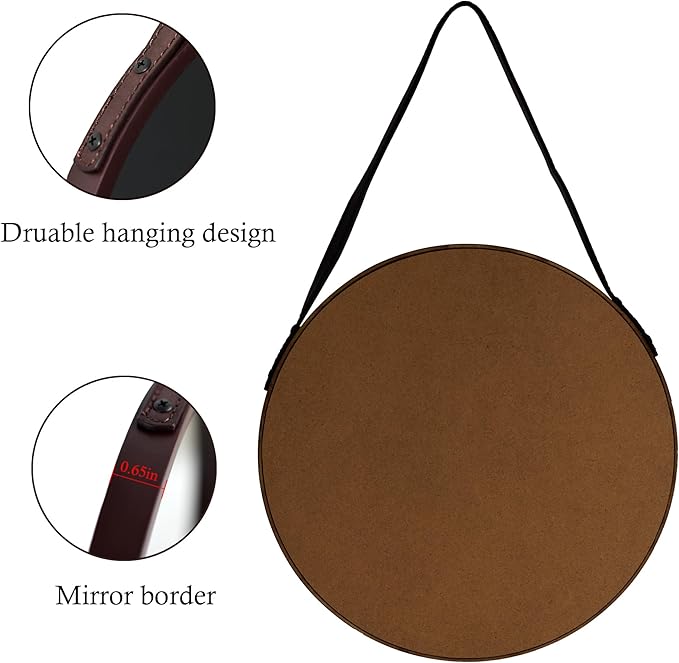 Brown Round Hanging Mirror, 11.8 Inch Farmhouse Mirror with Leather Hanging Rope for Bathroom, Bedroom, Living Room, Entryway Home Decor. (Brown, S-11.8in)