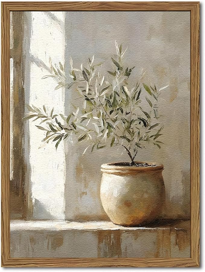Framed Vintage Olive Tree Wall Art, Textured Sandstone Botanical Pictures Wall Decor, Rustic Neutral Potted Plant Paintings Prints Aesthetic Farmhouse Home Decor for Living Room Bedroom 16x24 inch