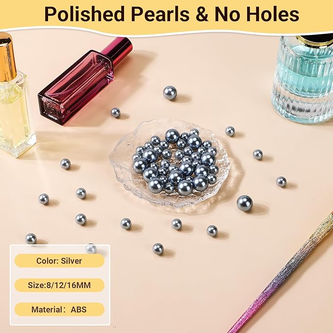 1300Pcs Silver Pearls Bead, Suream 8mm/0.31In Round Art Makeup Pearl, Faux Vase Filler Pearls for Jewelry Making, DIY Crafts, Home Decor, Wedding Centerpieces, Baby Showers, Floral Adornment, No Hole