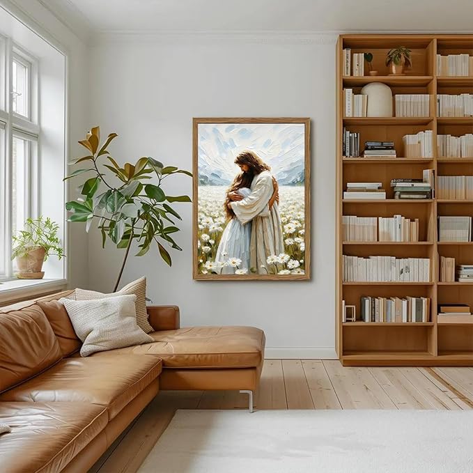 Jesus Embracing Woman Wall Art, Jesus Hugging Woman Wall Decor Framed 3D Textured Hand Drawn Sandstone Religious Christian Bible Painting Pictures for Bedroom Living Prayer Room 24x36 in Wood Framed