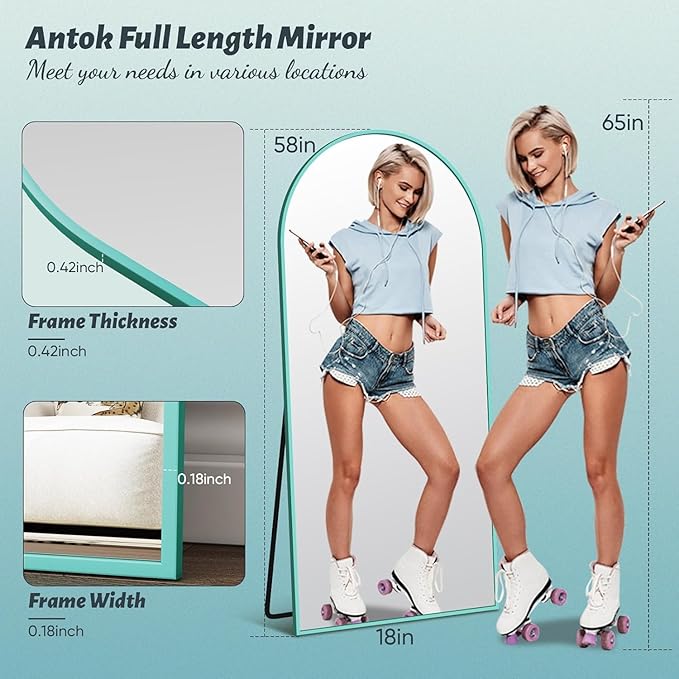 Antok 58" x18” Arched Full Length Floor Mirror, Blue Aluminum Frame, Free Standing/Wall Mount/Leaning for Bedroom, Living Room, Dressing Room