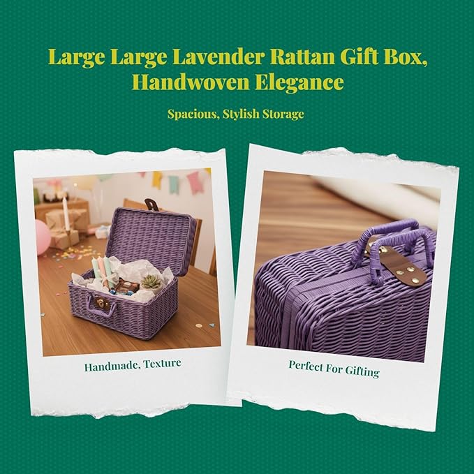 Woven Suitcase Imitation Rattan Storage Basket Gift Box Rustic Picnic Suitcase Handwoven Storage Case for Travelling Bathroom, Violet XL