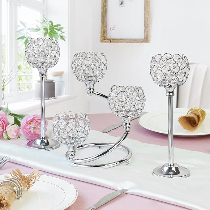 Silver Metal Crystal Candle Holder Set of 3 - Elegant 5-Arm Metal Tea Light Centerpiece with Shining Crystal Bowl, Wedding Anniversary Table Decor for Dining, Party