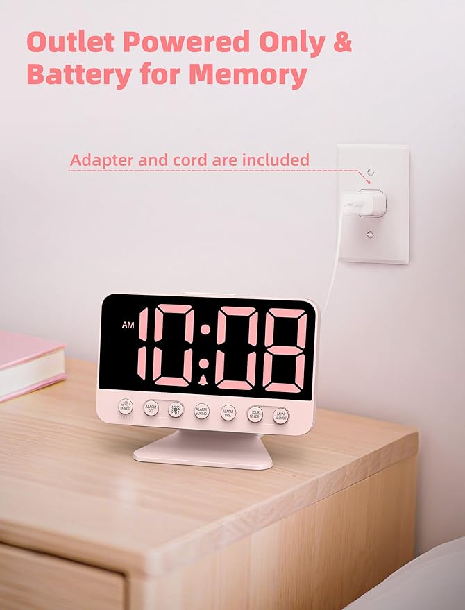 Odokee Digital Alarm Clocks for Bedrooms: Large Bold Number 5 Brightness Dimmer - Easy to Read Across The Room - 5 Alarm Sound 8 Night Light - Sakura Pink