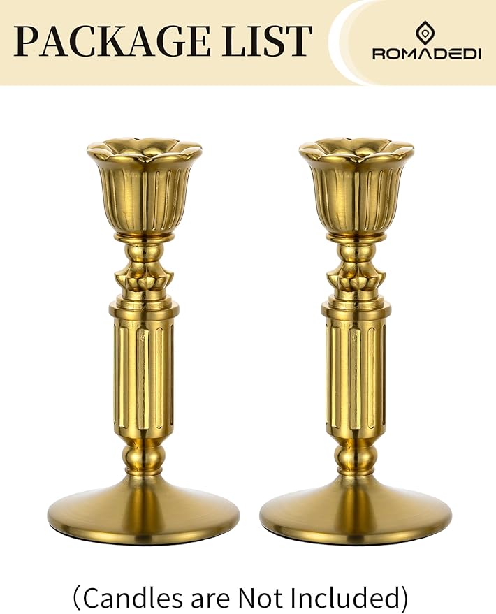 Gold Candle Holders Vintage Decor - Romadedi Solid Brass Candlestick Taper Holder for Wedding Christmas Table Centerpiece Mantel Home Decoration 5.5 Inch Set of 2